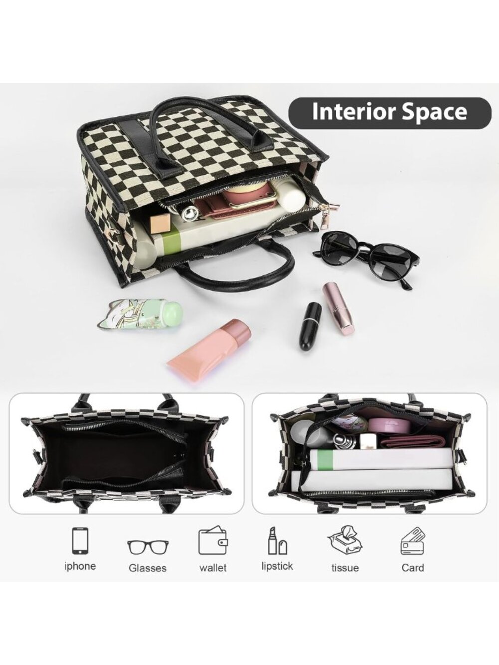 Chic Black and White Checkered Crossbody Tote Bag | Casual Purse for Work - Picture 6 of 8